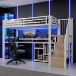 Loft Bed 90x200cm with Ladder Storage & LED, White Metal Frame