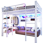 Loft Bed with Storage, LED Light and Clothes Rail, 140 x 200 cm, White Iron Frame