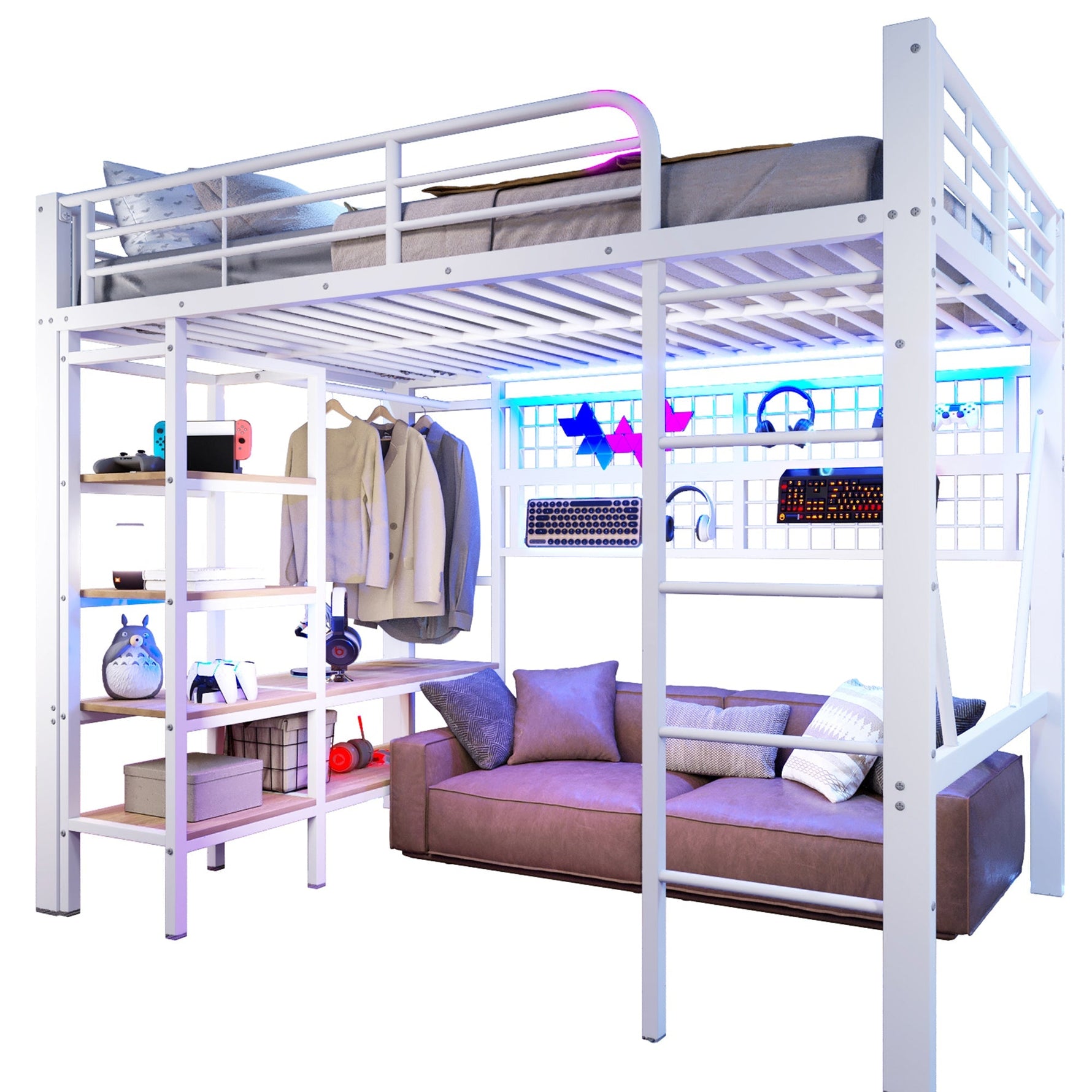 Loft Bed with Storage, LED Light and Clothes Rail, 140 x 200 cm, White Iron Frame