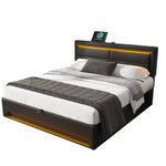 Upholstered Bed with USB Port, LED Lighting and Storage, 140x190cm, Black PU Leather