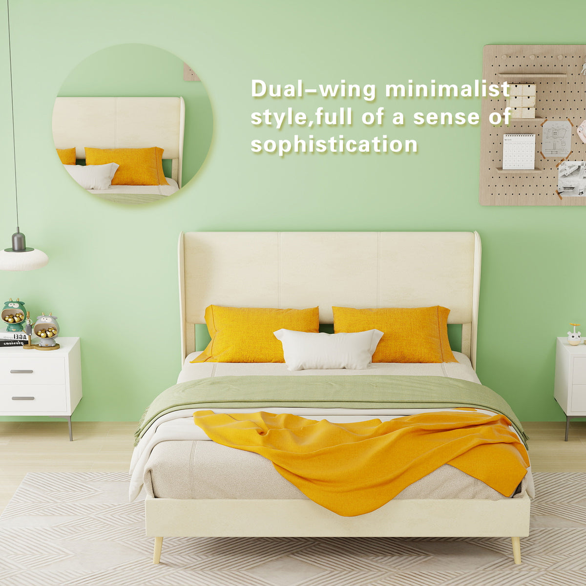 Upholstered Bed with Soft Headboard & Mattress, 140x200 cm, Beige