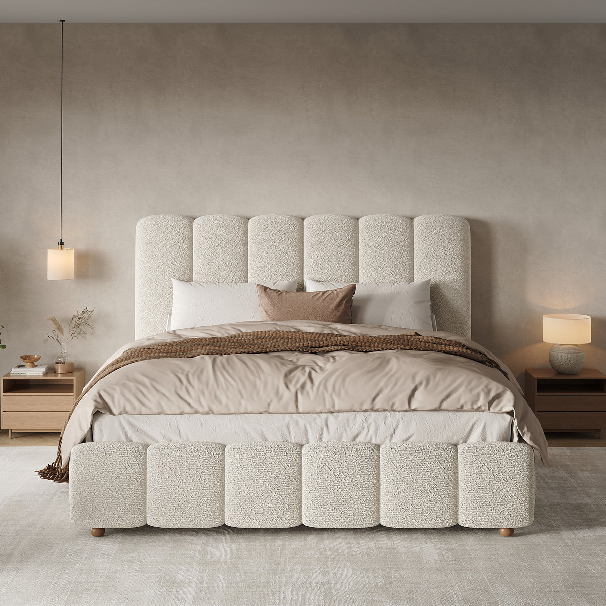 Upholstered Double Bed 140x190cm, Hydraulic Storage, White Bouclé