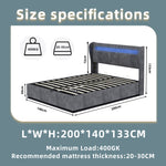 Modern Upholstered Bed with LED & Storage, 140x200 cm, Grey
