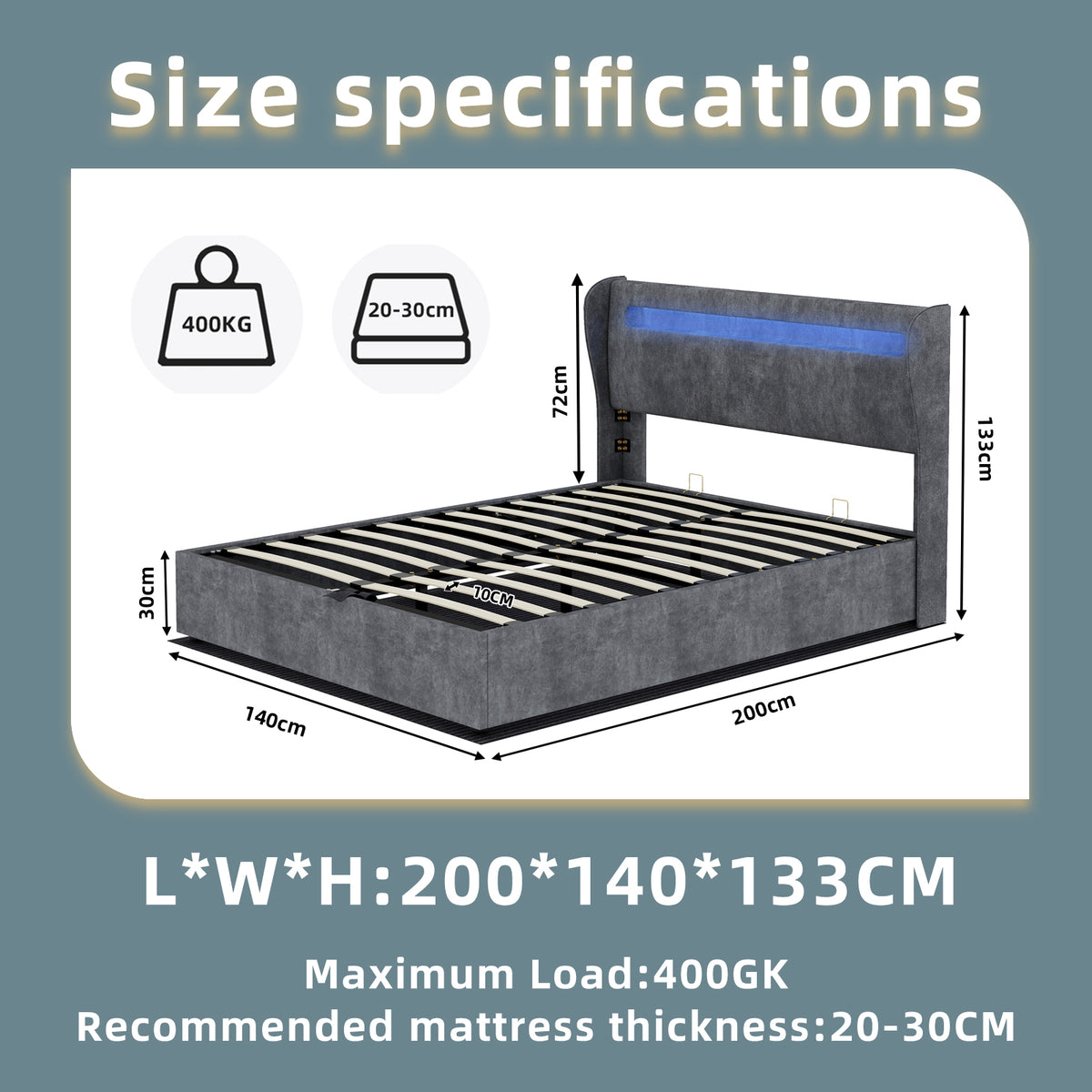 Modern Upholstered Bed with LED & Storage, 140x200 cm, Grey