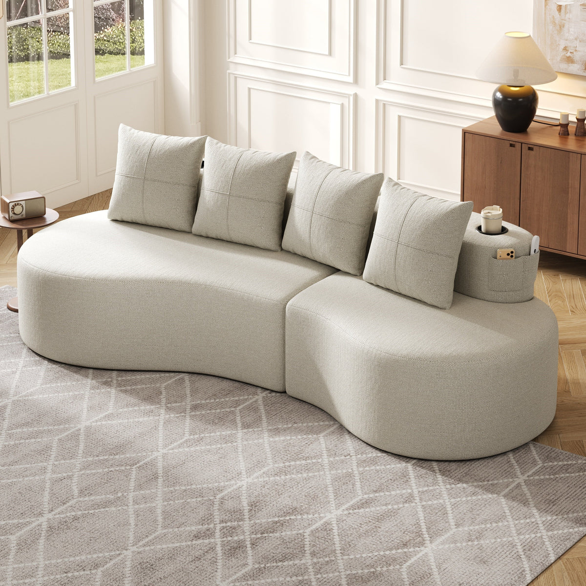 Linen Sofa with 4 Cushions, Cup Holder and Side Pocket, Beige