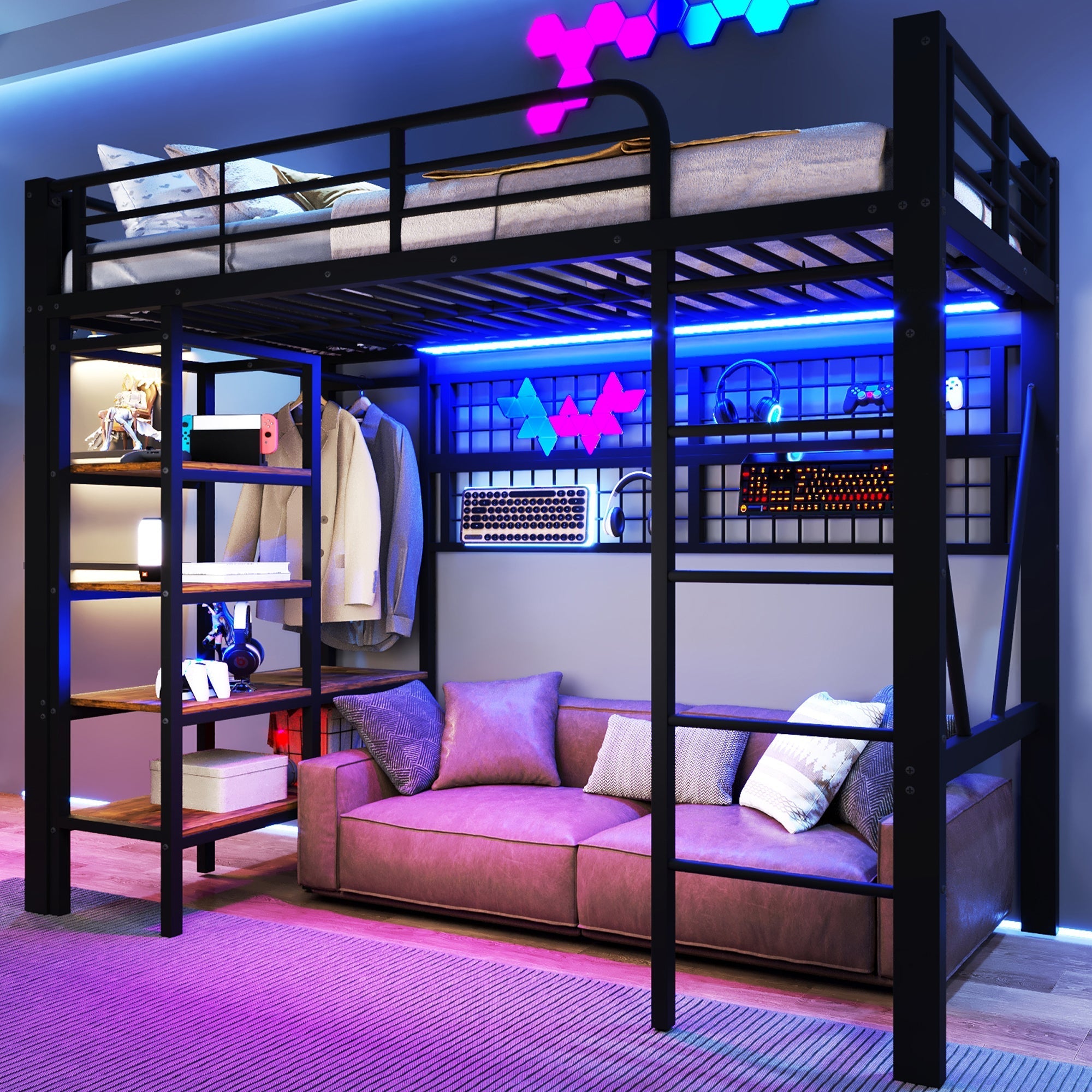Loft Bed with Storage Shelves, Clothes Rail and LED Light Strip, Black Metal