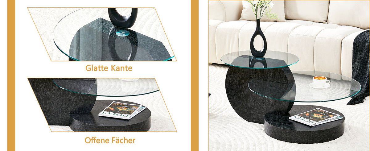 Modern Minimalist Coffee Table with Two-Layer Safety Glass and Multi-Tiered Design, Black Wood Grain Finish
