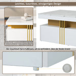 Modern rectangular coffee table with high gloss top and 2 wooden drawers, marble tabletop