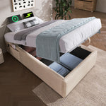 Children's Upholstered Bed, 90x190 cm with Bookcase, Hydraulic Storage & USB-C, Single, Linen