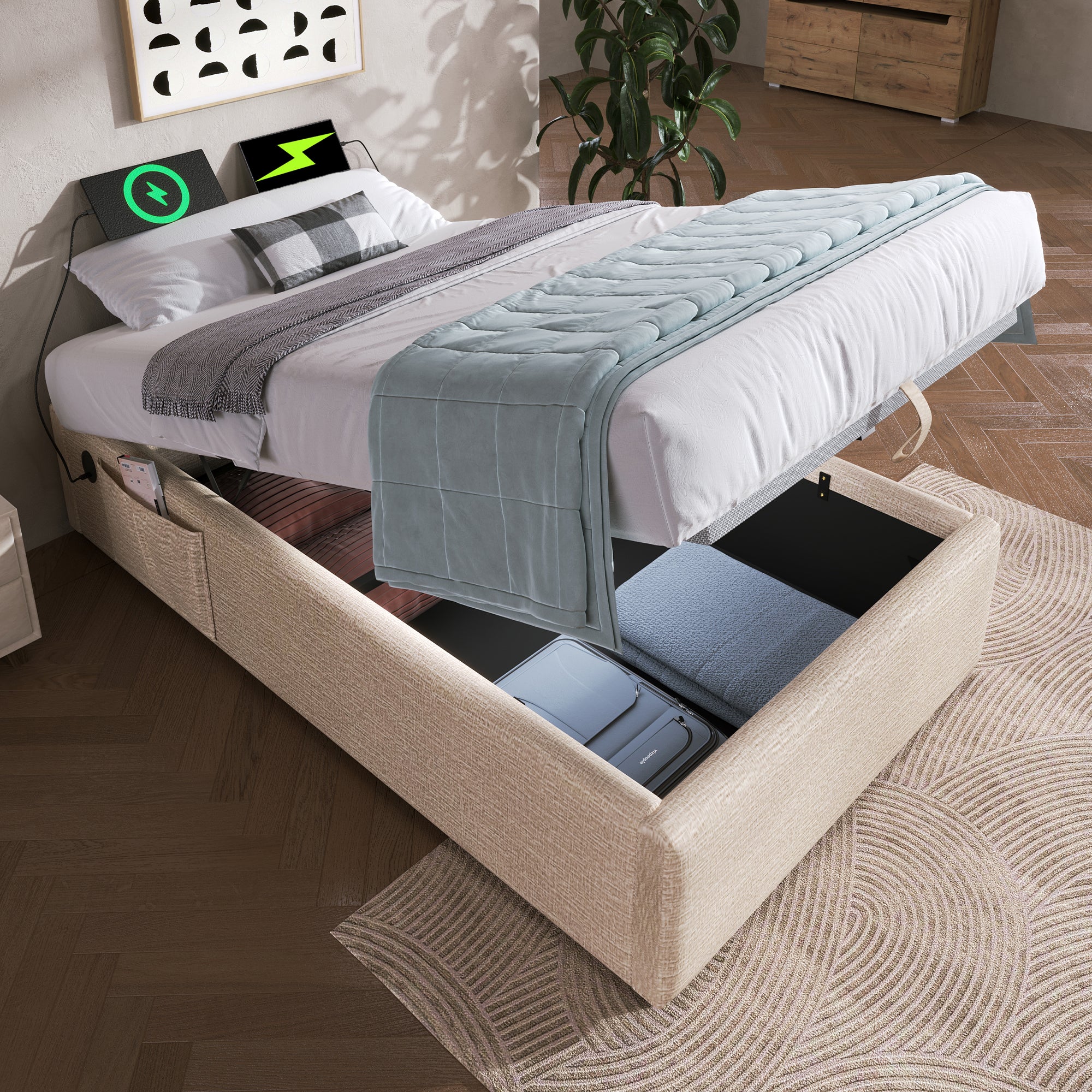 Upholstered Single Bed 90×200 cm Storage Frame USB-C Slatted Base, Linen Natural