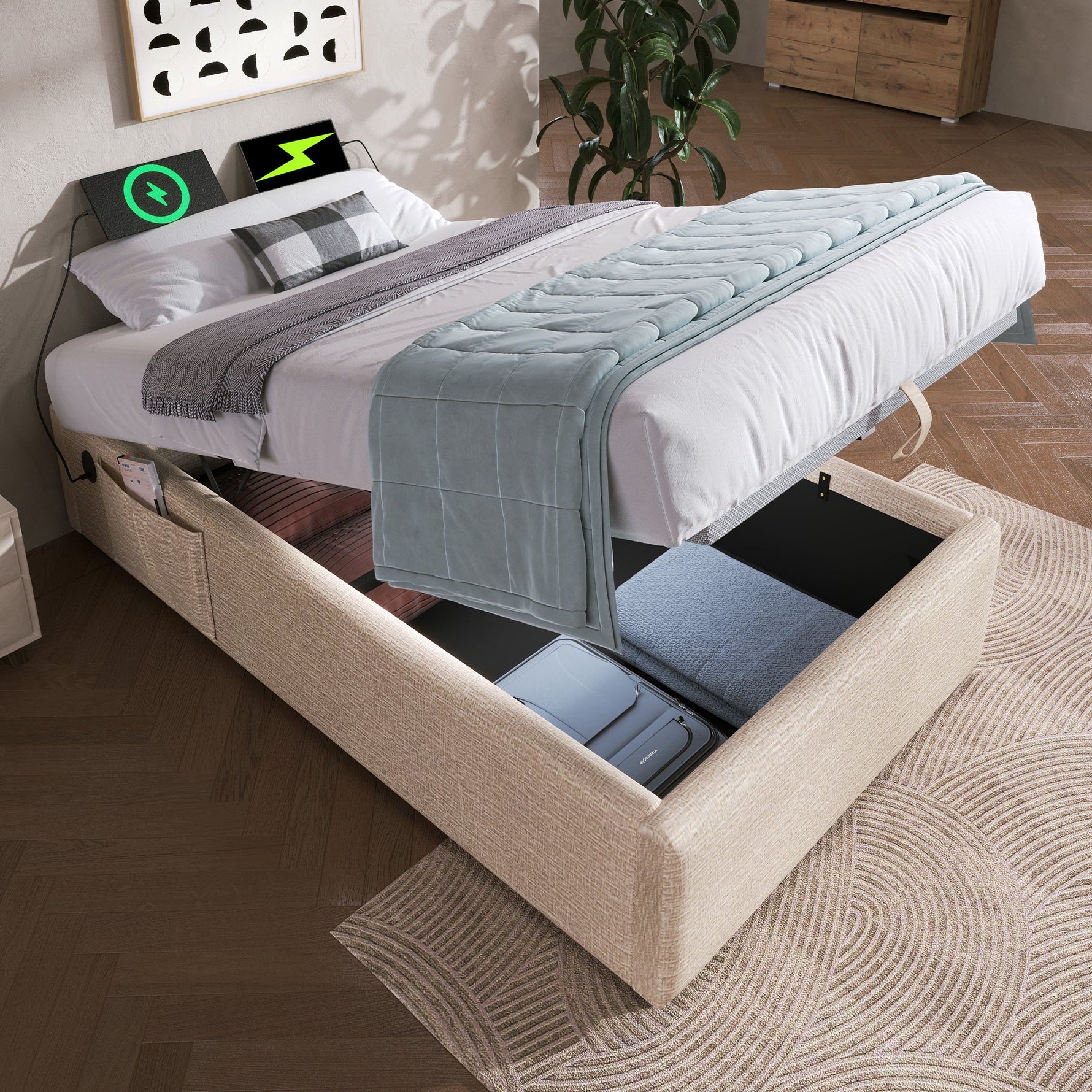 Upholstered Single Bed 90×200 cm Storage Frame USB-C Slatted Base, Linen Natural