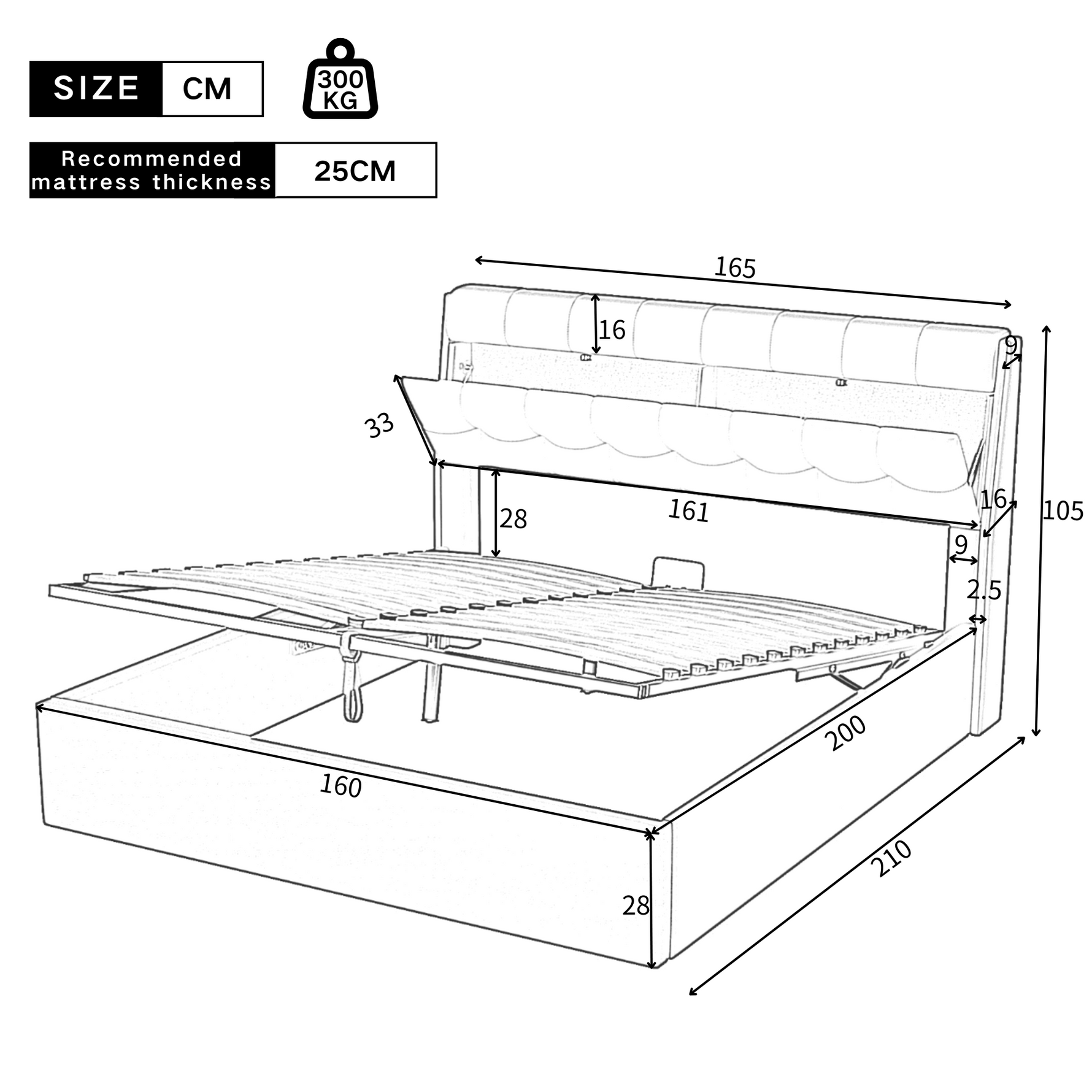 Upholstered Bed 160x200cm Hydraulic & Concealed Headboard Storage PU - White