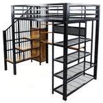 Iron Loft Bed 140x200cm with Desk, Pegboard & LED, Black