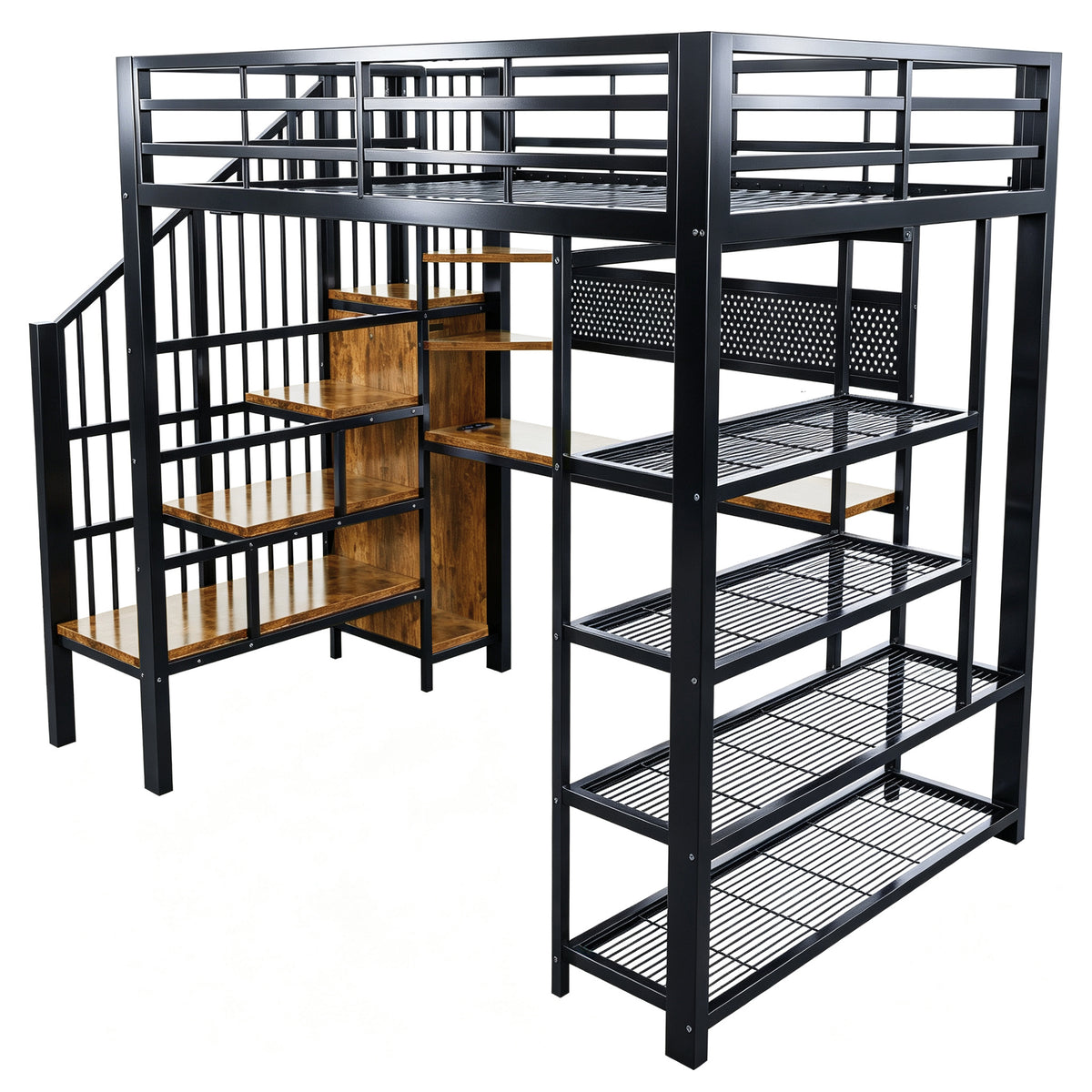 Iron Loft Bed 140x200cm with Desk, Pegboard & LED, Black