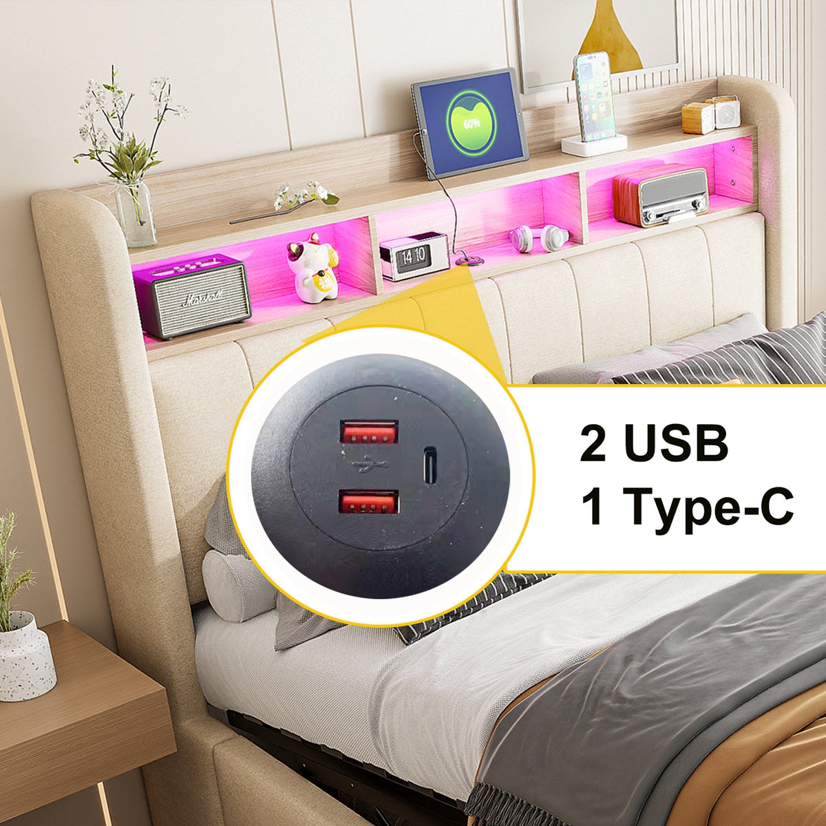 Upholstered Bed 180x200cm LED/USB, Hydraulic Storage Headboard, Beige Linen Fabric