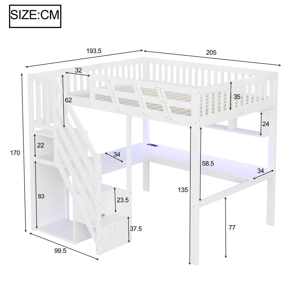 Solid Wood Bed 140x200 with Desk, Storage & LED - White