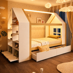 Children's House Bed 90x200 with 2 Drawers & LED, White & Natural