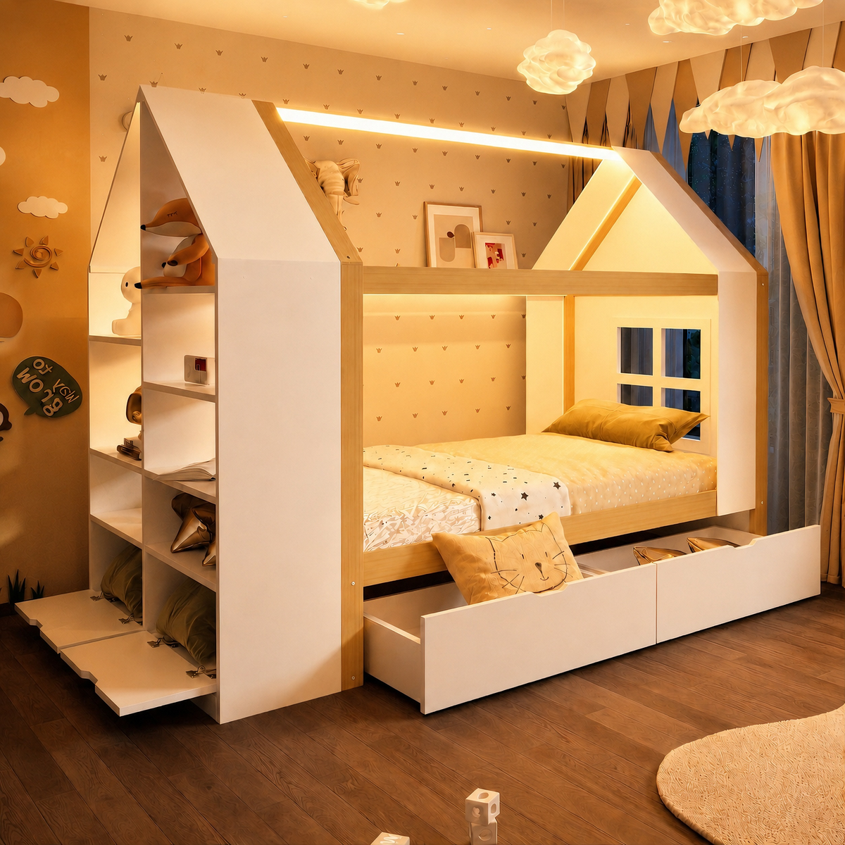 Children's House Bed 90x200 with 2 Drawers & LED, White & Natural