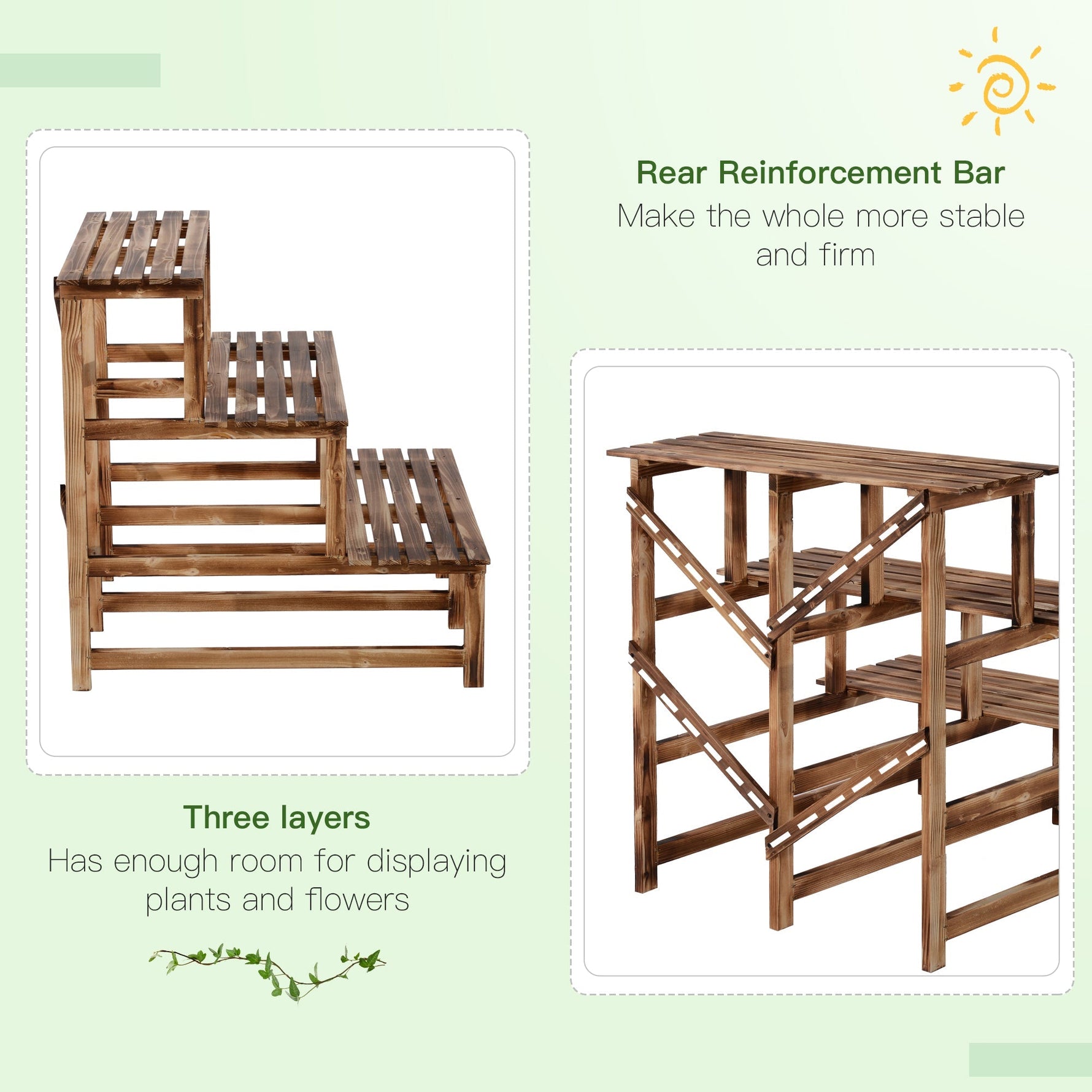Plant Ladder Flower Shelf, 3 Steps, 80 x 80 x 78cm, Fir Wood