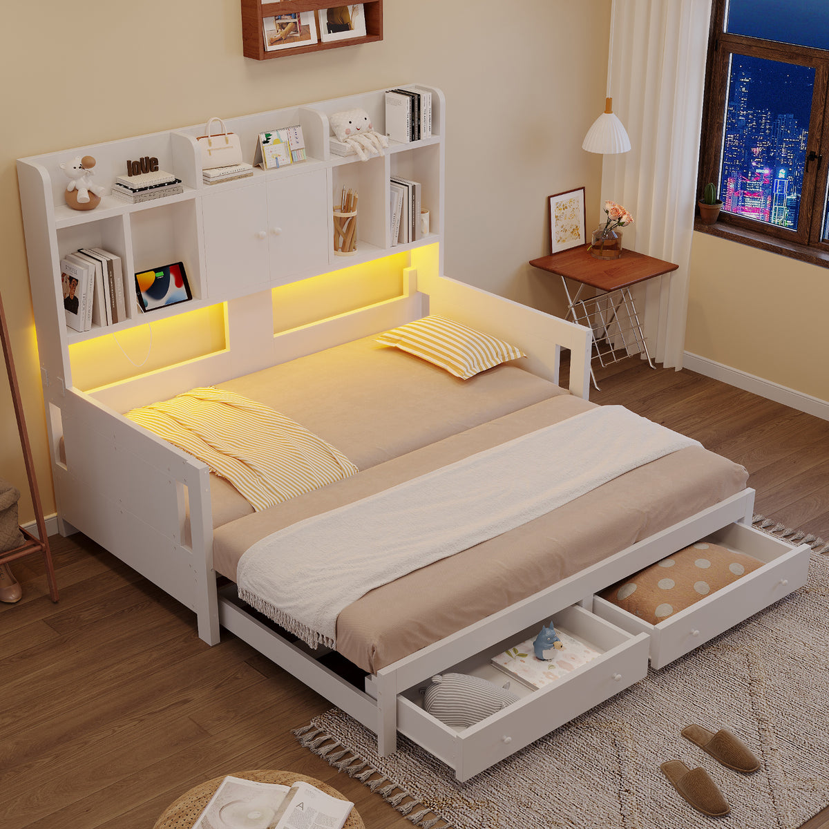 Extendable Wooden Sofa Bed with Storage Drawers & LED - White
