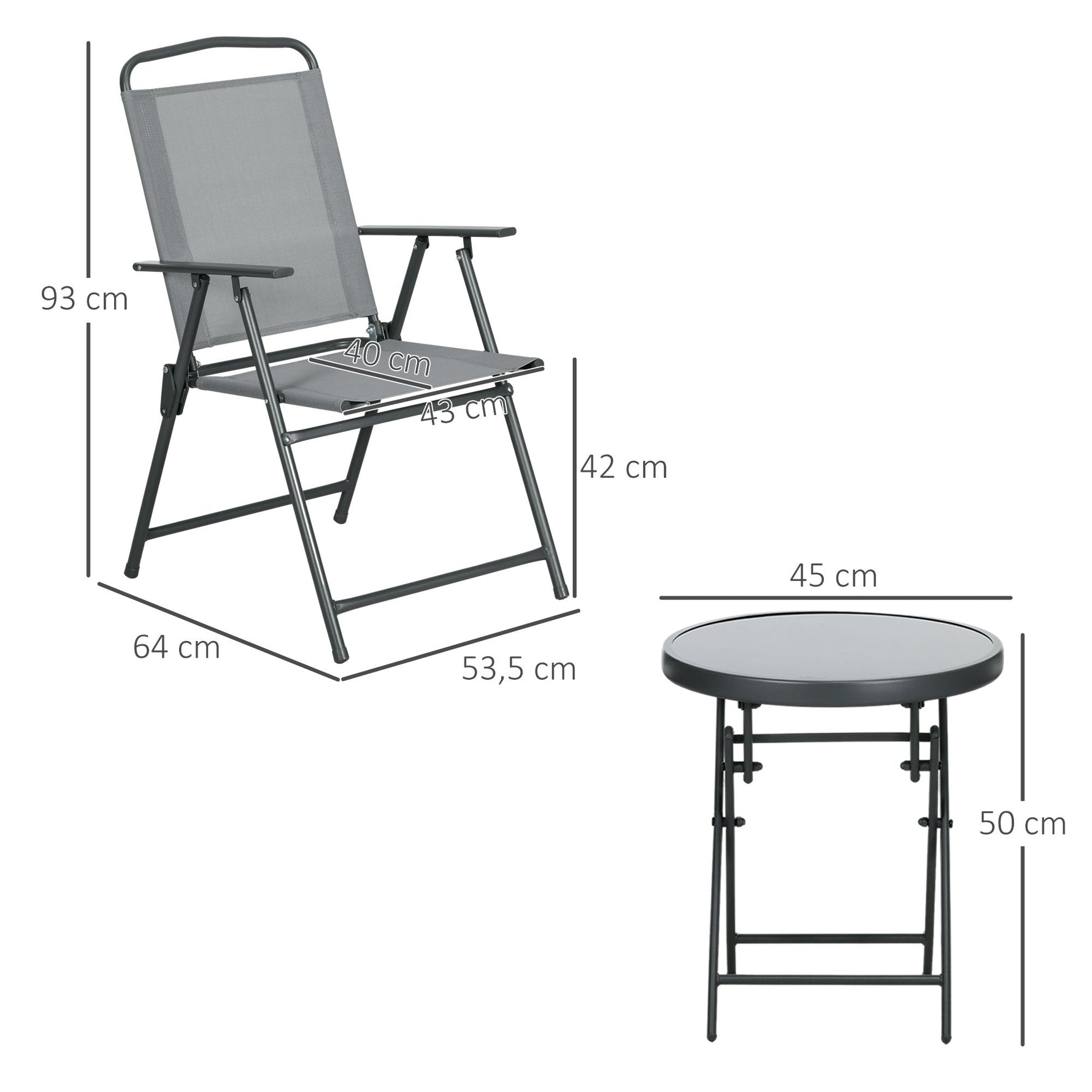 Folding Bistro Set, 3-Piece Table & 2 Chairs, Durable Steel & Mesh, Light Grey
