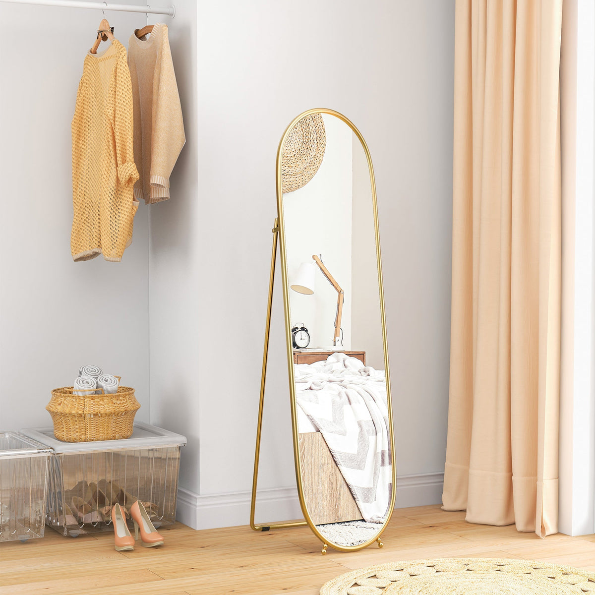 Full-Length Mirror, Oval Standing Wall with Stand, Metal Gold