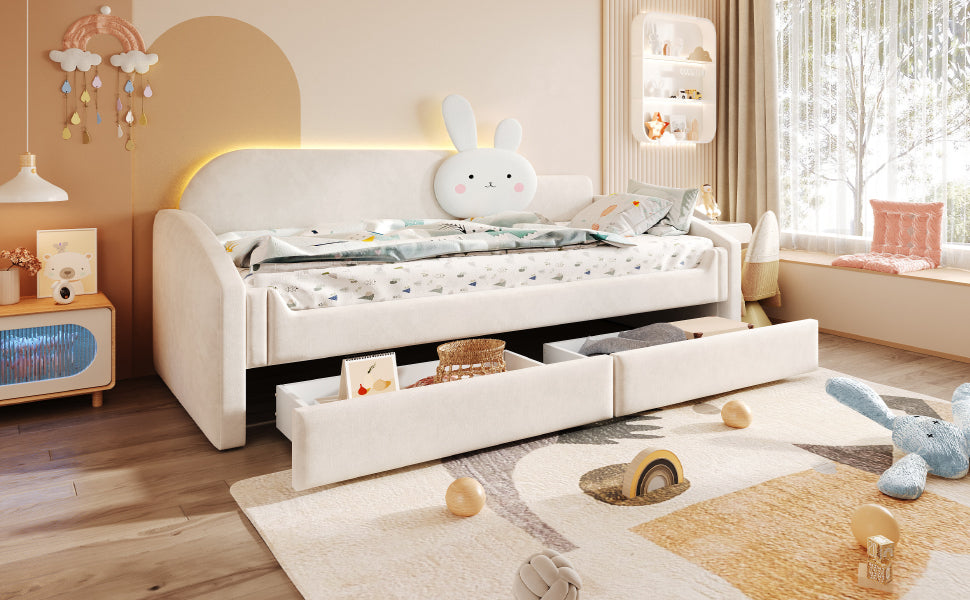 Children's Sofa Bed 90x200 with Storage & LED, Beige Velvet