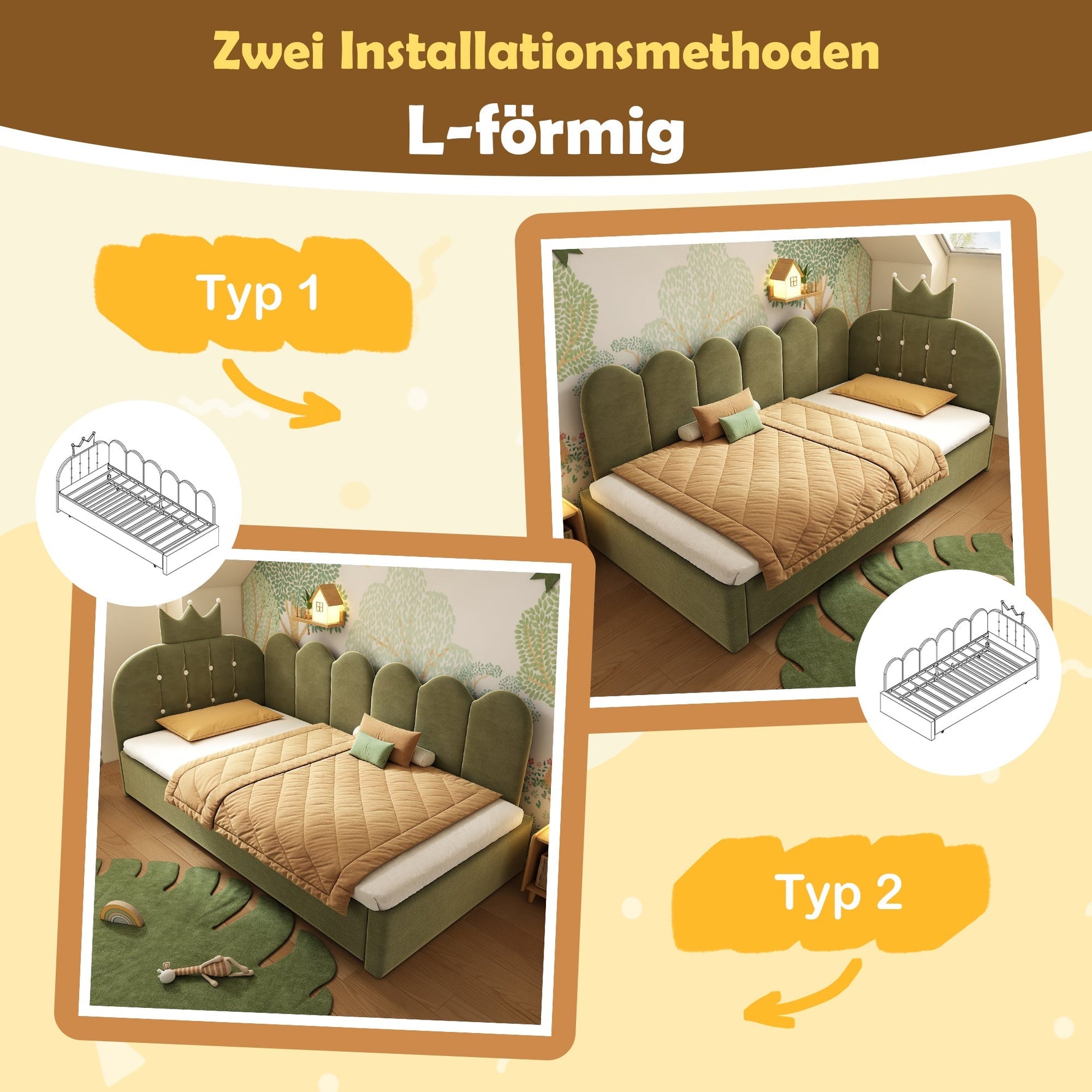 L-Shape Sofa Bed with Pull-out Guest Bed and Crown Lattice Design, 90x200cm, Green Velvet