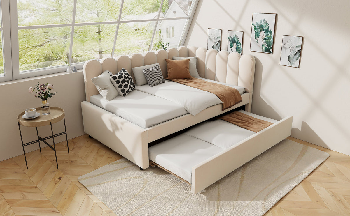 L-shaped Upholstered Bed, Sofa Bed 140x200 cm, Floral Backrest, Pull-Out Bed, Beige Velvet