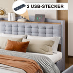 Upholstered Bed 140x200cm with USB & Storage, 4-Drawer, Linen Fabric Gray