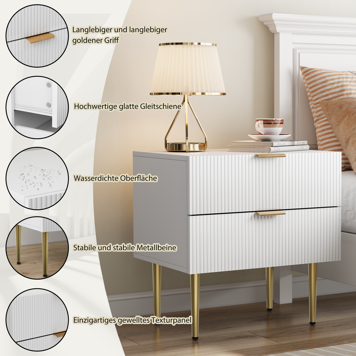 Bedside Table Wave Pattern 2 Drawers Metal Legs - White