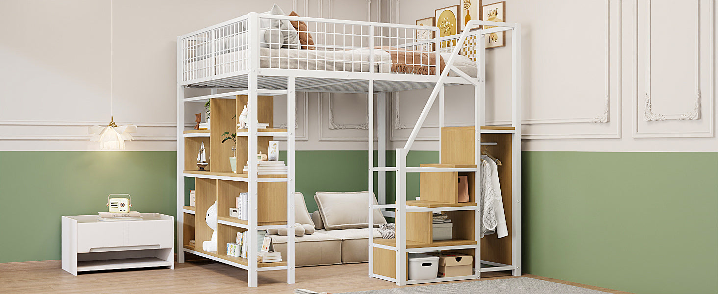 Multifunctional Loft Bed 140x200cm Storage Shelves Stairs Adults/Kids Metal White