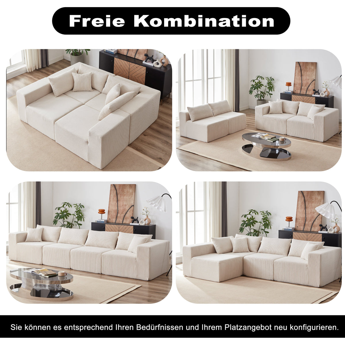 Modular L-Shaped Sectional Sofa 104-Inch 4-Piece - Corduroy