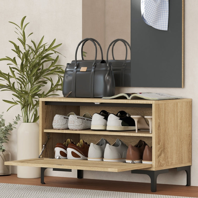 Hallway Set Shoe Bench Mirror 3 Hooks Open Shelf - Natural Wood/Grey