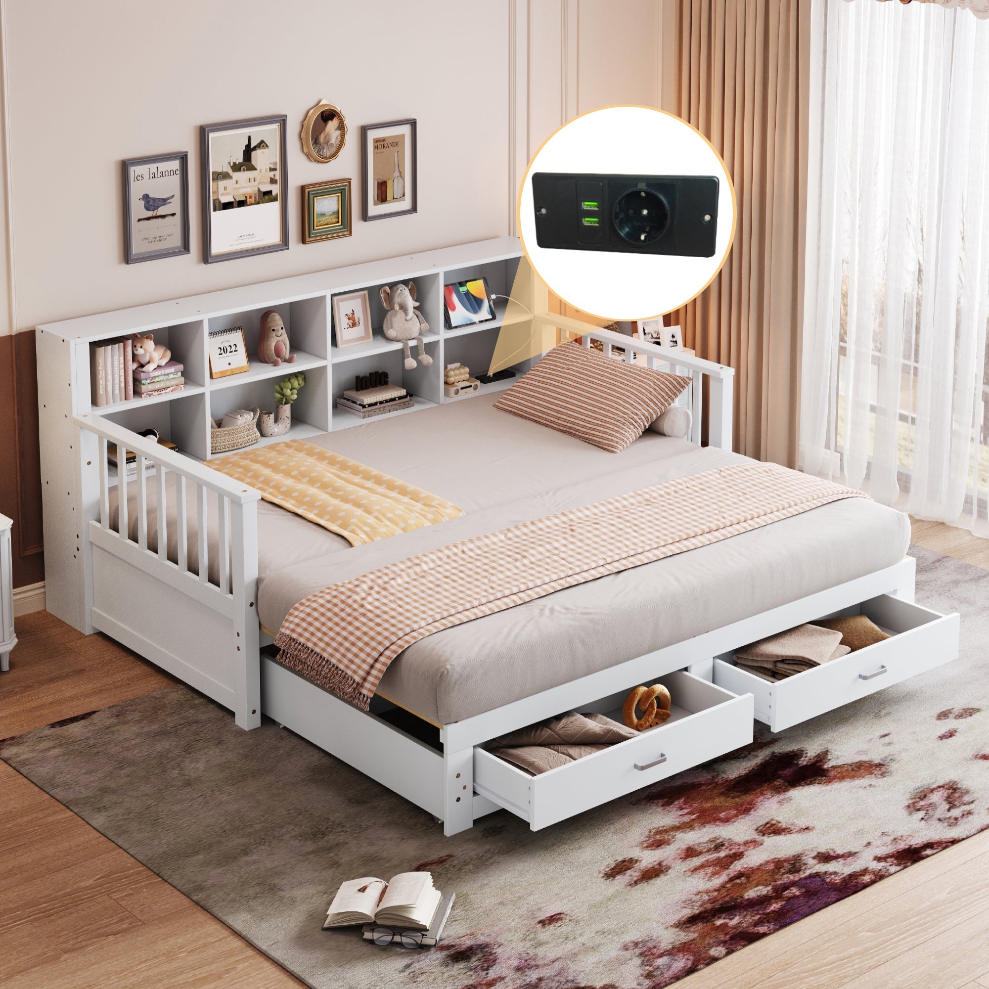 Sofa Bed, Pull-Out Solid Wood with Storage, Drawers & Slatted Frame, White