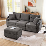 L-shaped Corner Sofa, Convertible 3-Seater with Footstool, Cup Holder, USB Charger, Armrest Storage, Dark Gray