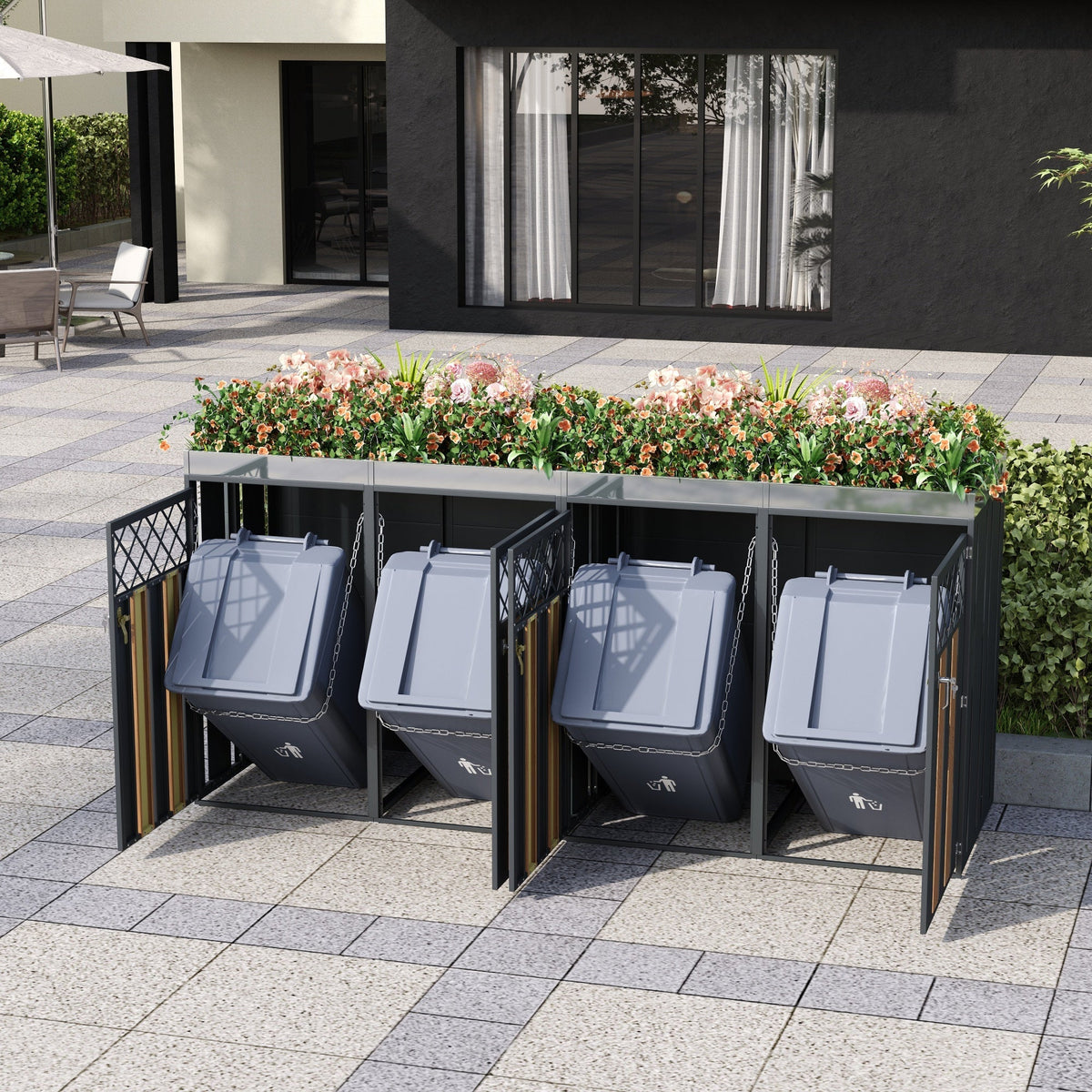 Garbage Can Enclosure with Diamond Ventilation Holes, Lockable Four Doors and Planting Area, Metal