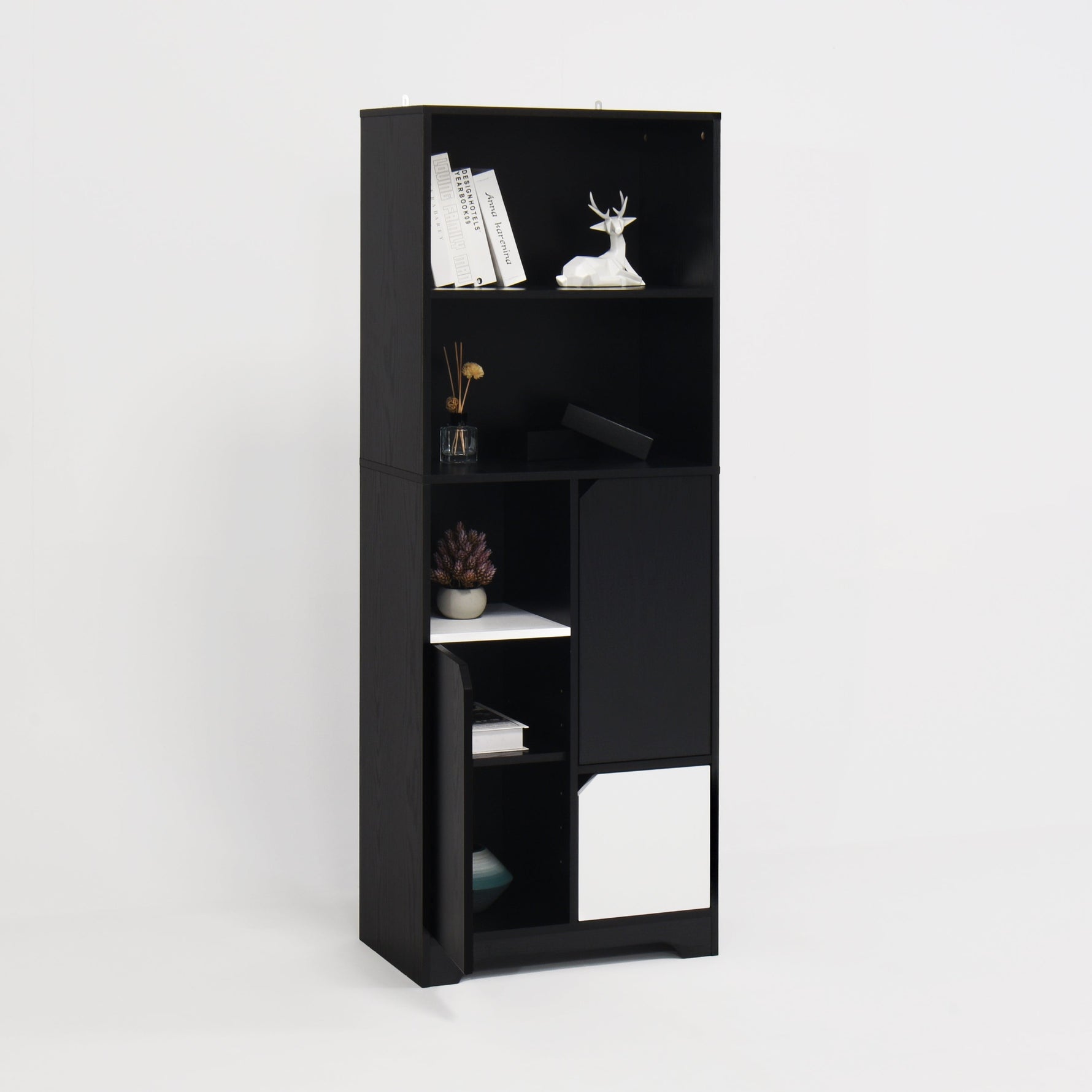 Multifunctional Bookcase with Open Storage, Doors & Drawers - Black/White
