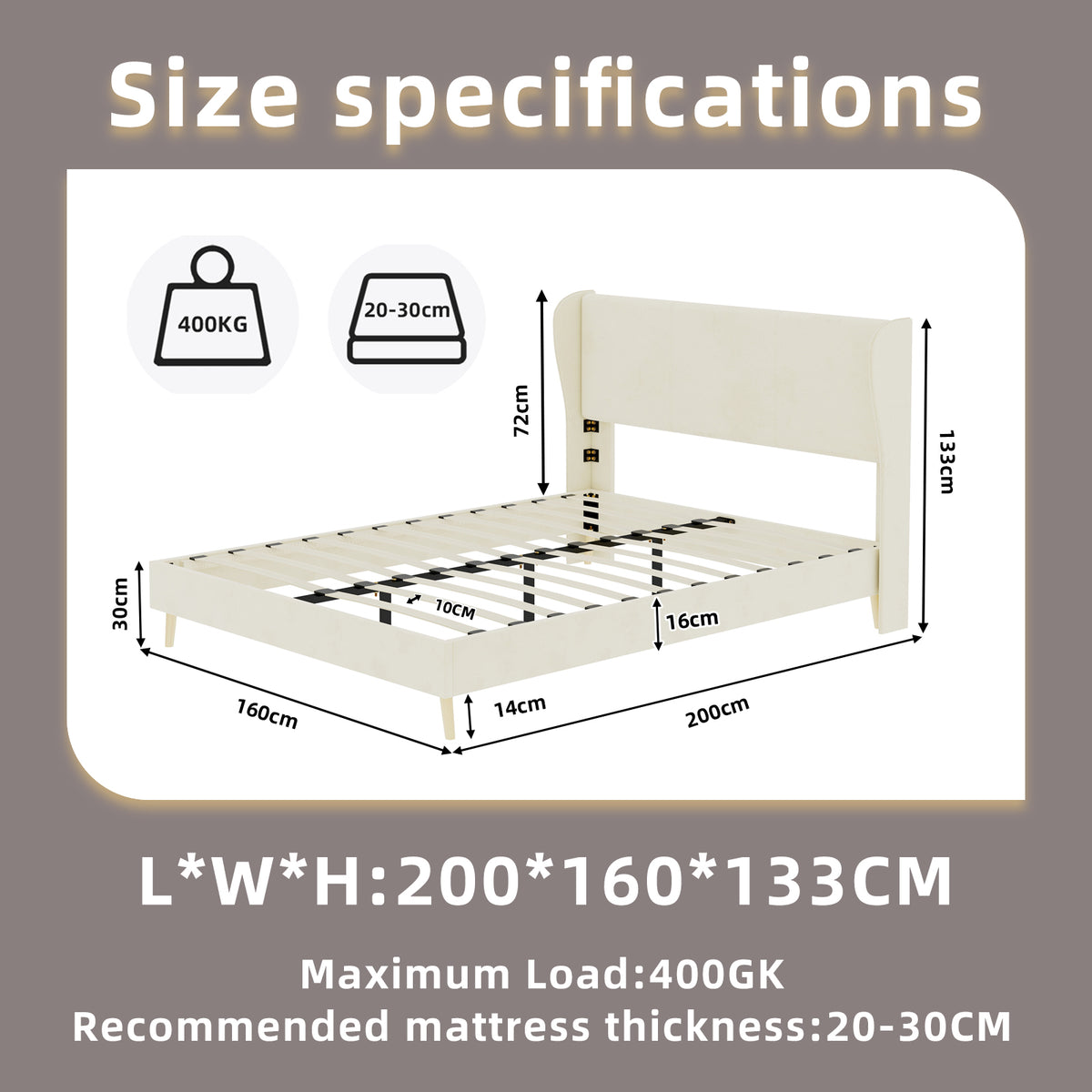 Upholstered Bed with Soft Headboard & Mattress, 160x200cm, Beige
