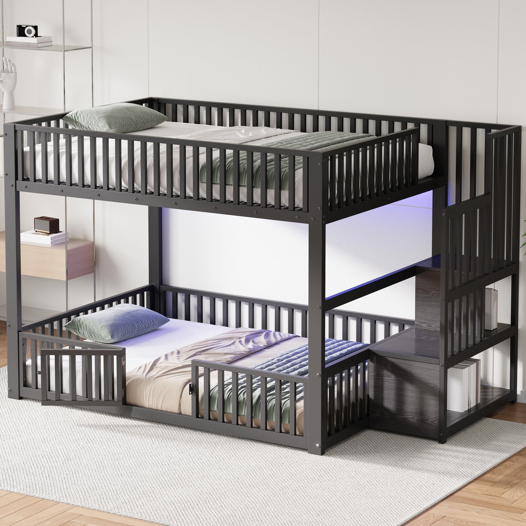 Bunk Bed with Storage Ladder and LED, 140x200cm, Black Metal + MDF