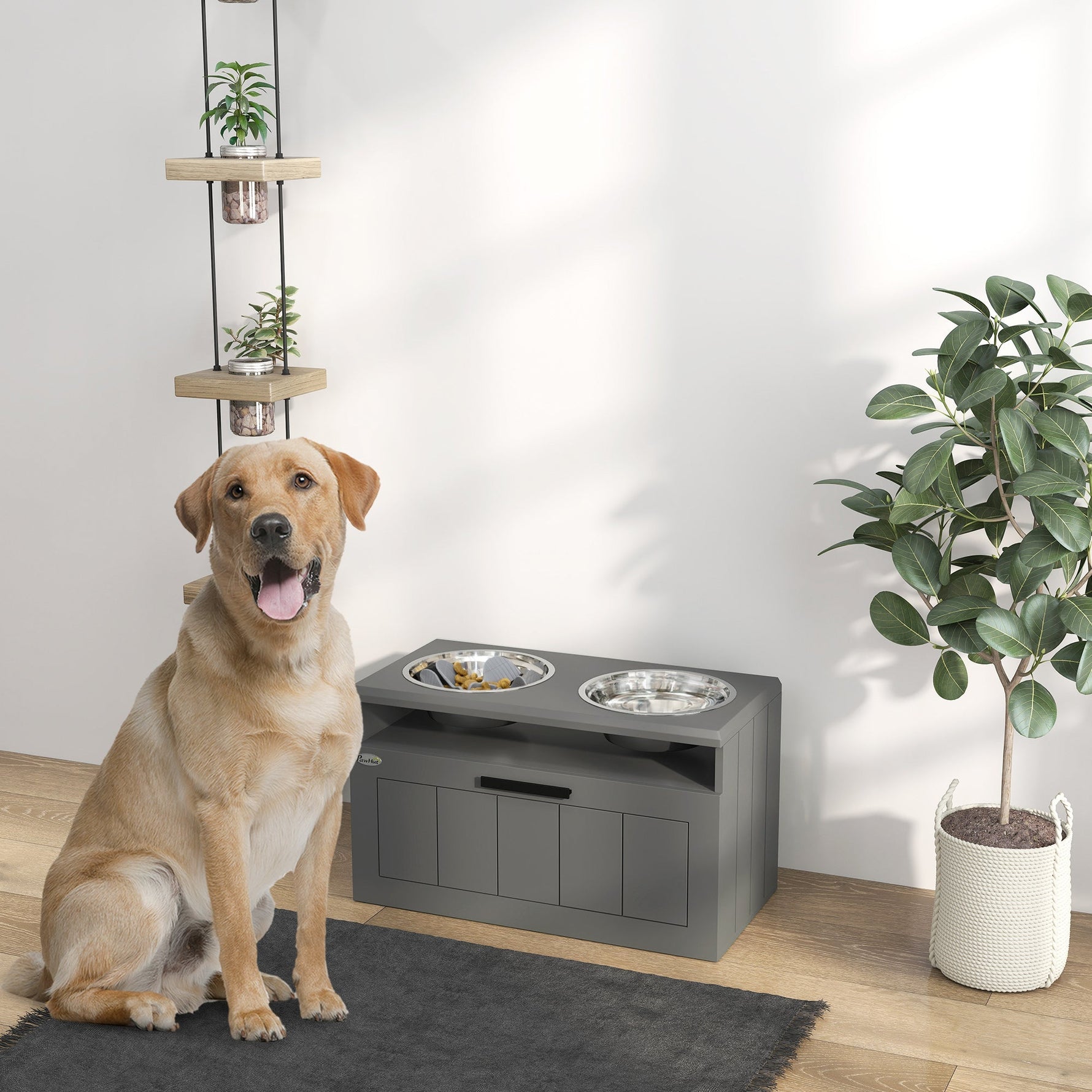 Dog Bowls, Elevated Feeding Station with 2 Stainless Steel Bowls, Gray
