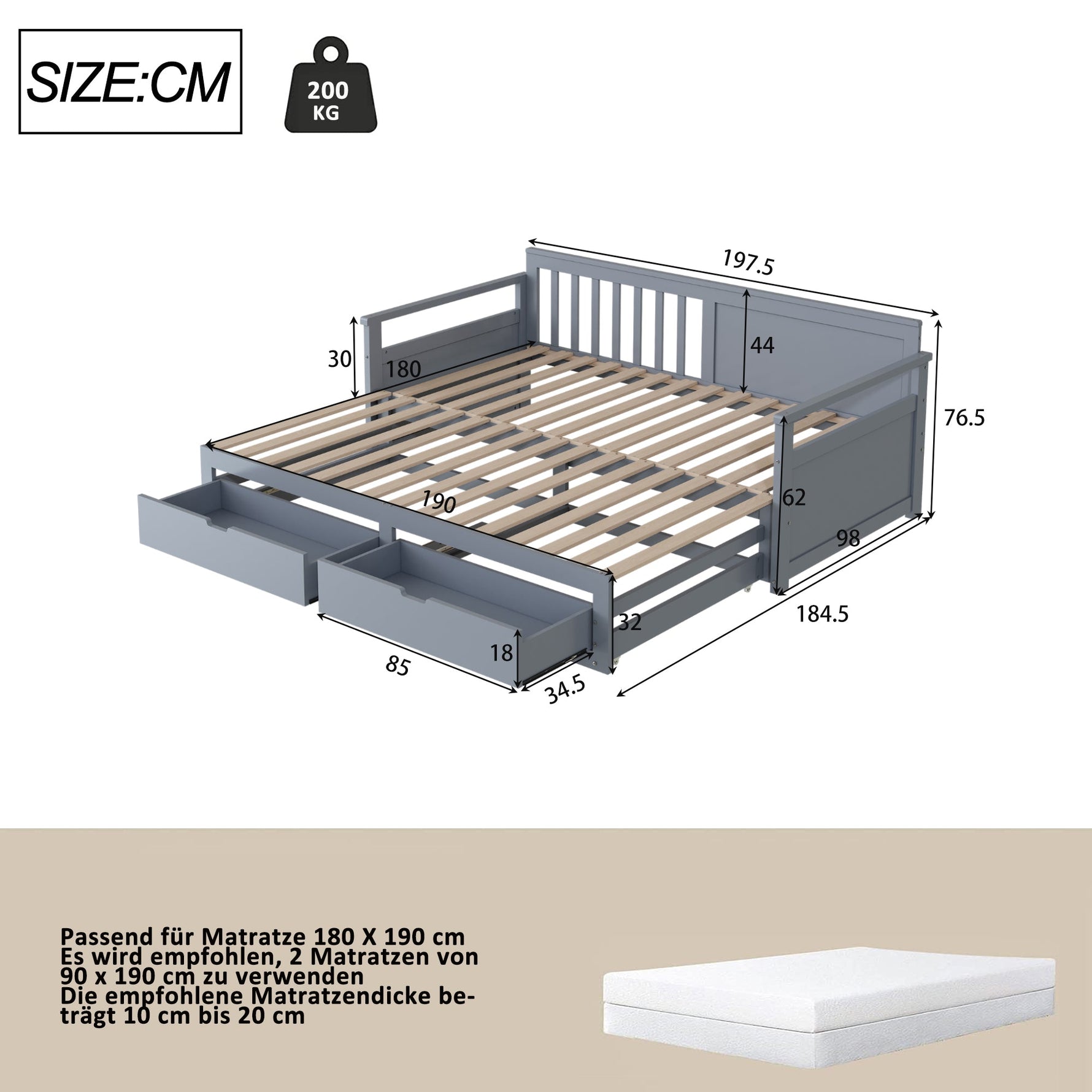 Day Bed, Multifunctional Two-in-One with Drawers, Pull-Out, Pine, Grey