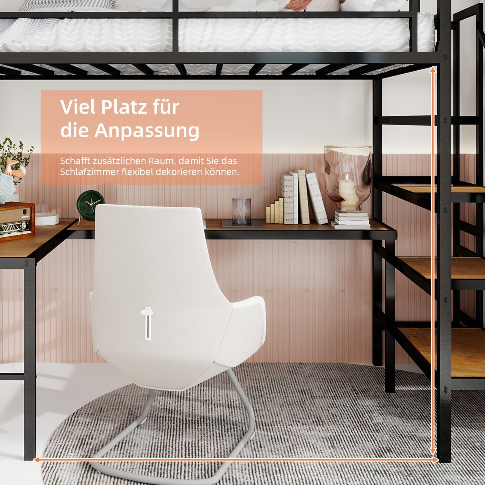Loft Bed with L-shaped Desk, Storage & Stairs, Sturdy Metal