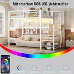 Iron Loft Bed, 90x200 with LED, Storage Stairs, Open Wardrobe, Black and White Metal