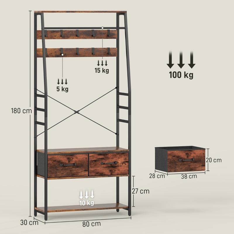 Hall Tree with Bench, Shoe Rack & 2 Drawers - Brown