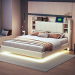 Upholstered Bed 160 x 200 cm, USB Socket, Light Strip, Reversible Headboard, Beige Linen Fabric