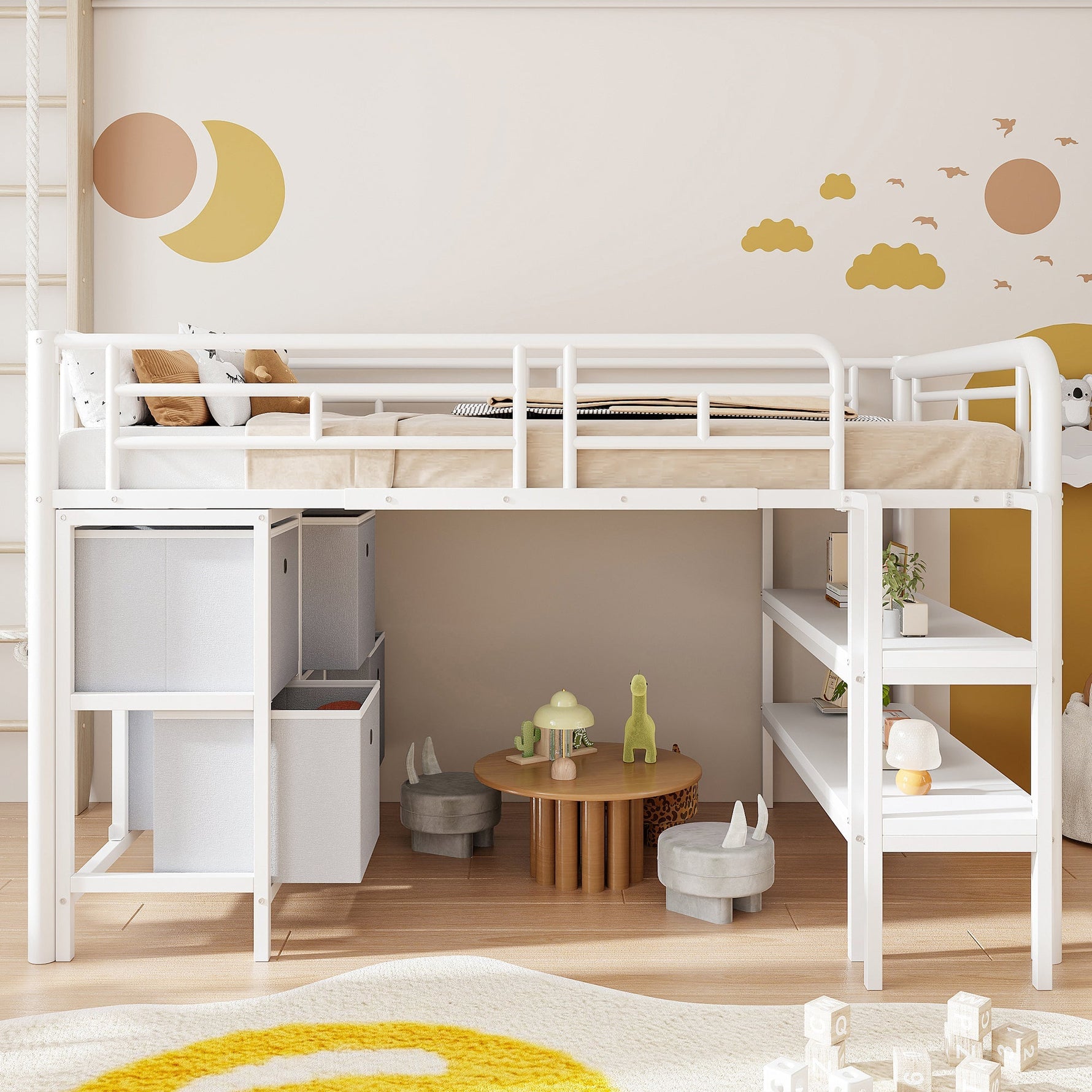 Children's Loft Bed 90x200 with Storage Stairs and Drawers, White Metal