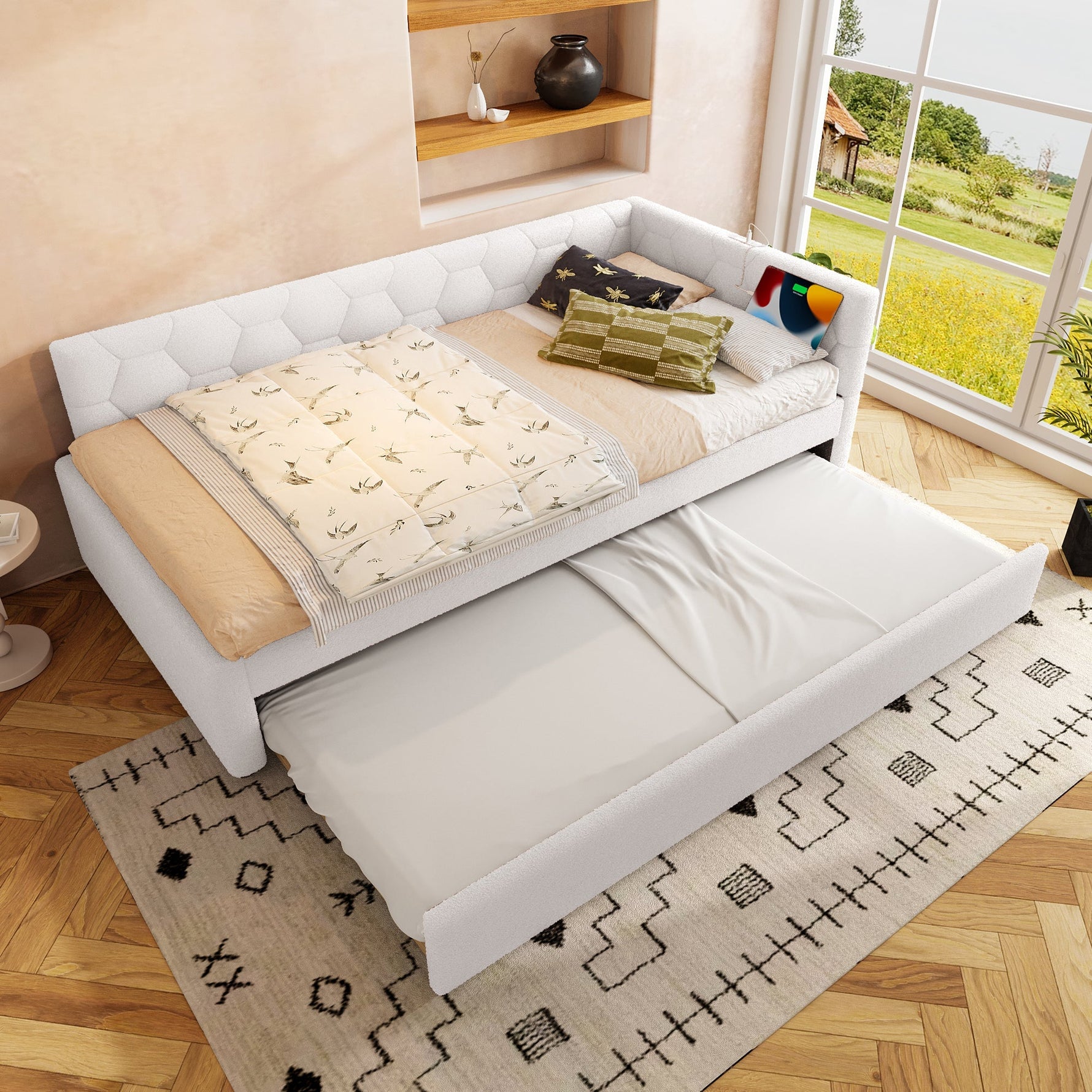 Daybed Sofa Bed 90x200cm Pull-Out Bed Lamp USB/Type-C - Fleece Imitation White