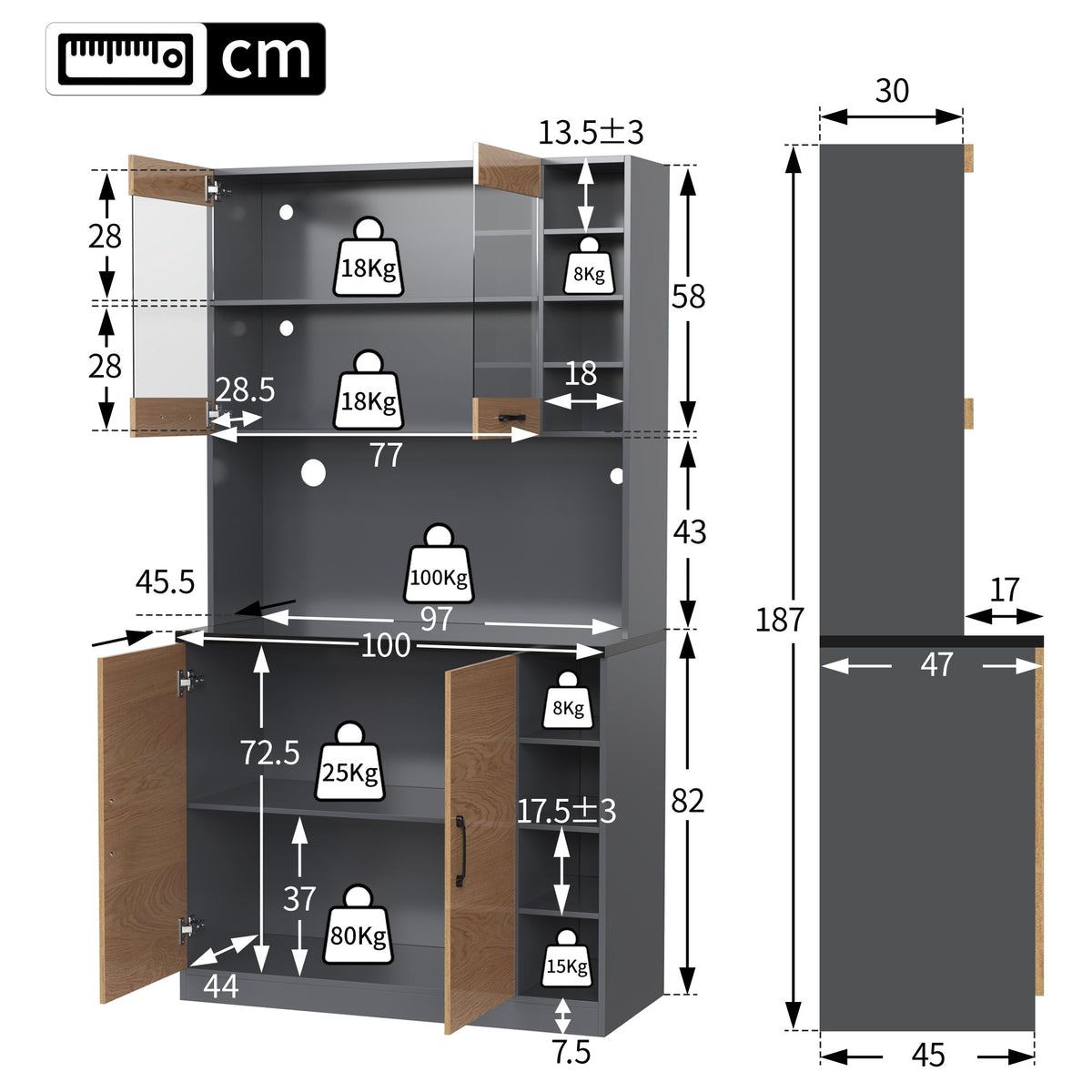 Kitchen Highboard Buffet 100x187cm LED Lighting Microwave Storage - Wooden