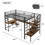 Iron Loft Bed with Desk & Storage, 120x200cm, Black Iron + MDF